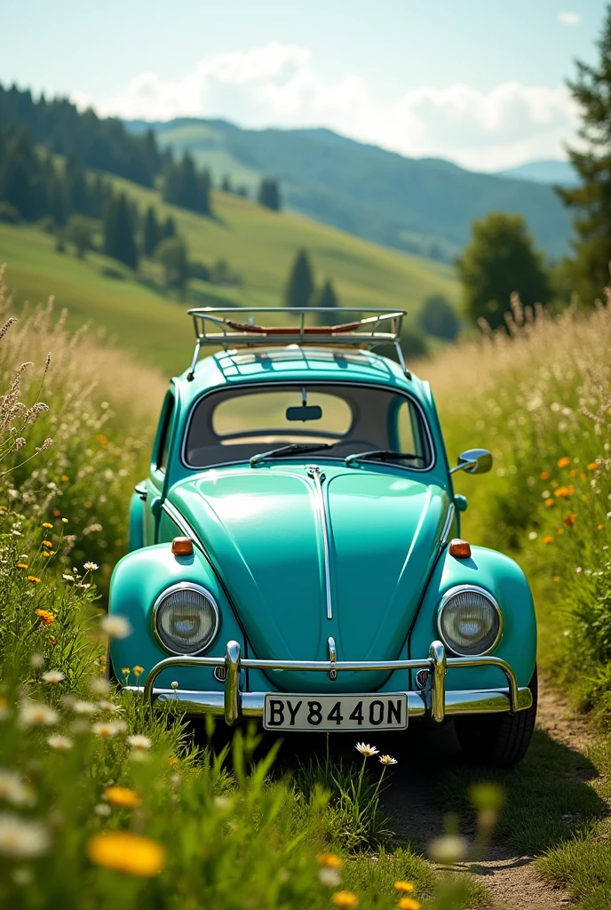 create a vw beetle in perfect shiny condition with german vegetation in the background