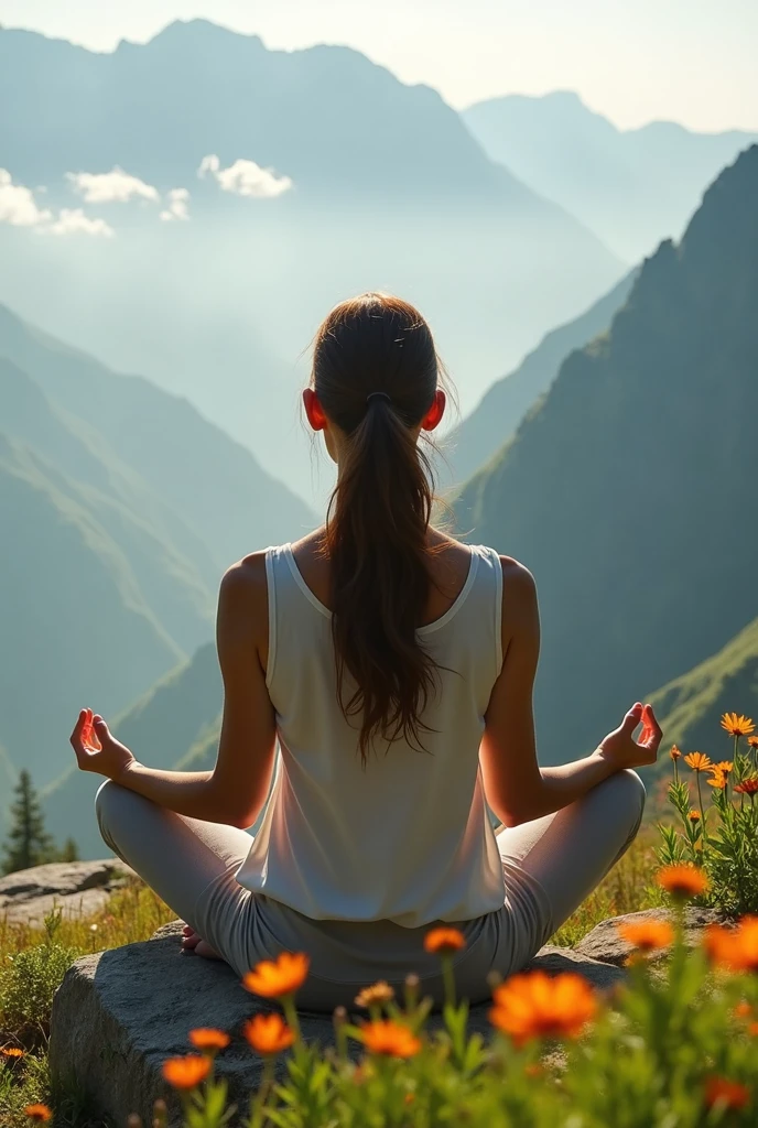 beautiful woman , meditation , meditation , Luxuriant , mountain , above the cloud, front view ,8k HD high definition 8k UHD, DSLR, perfect hand