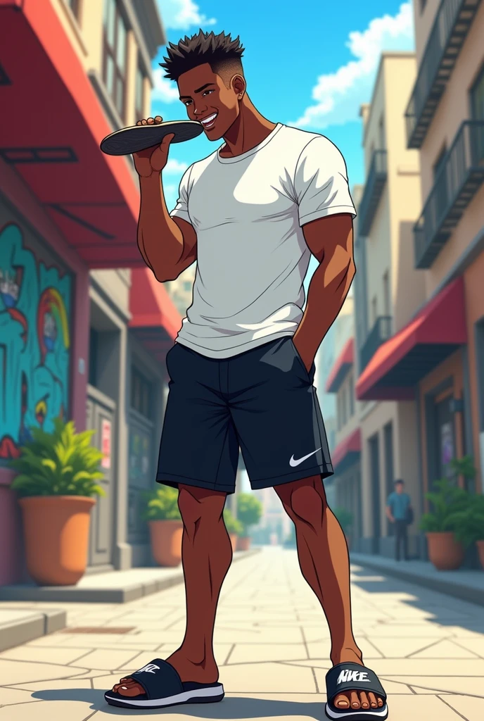 anime art: marvel art style, a masculine 18-year-old black guy with a big bulge, wearing white t-shirt, black nike shorts and slides flip flops, he's kissing his own flip flops