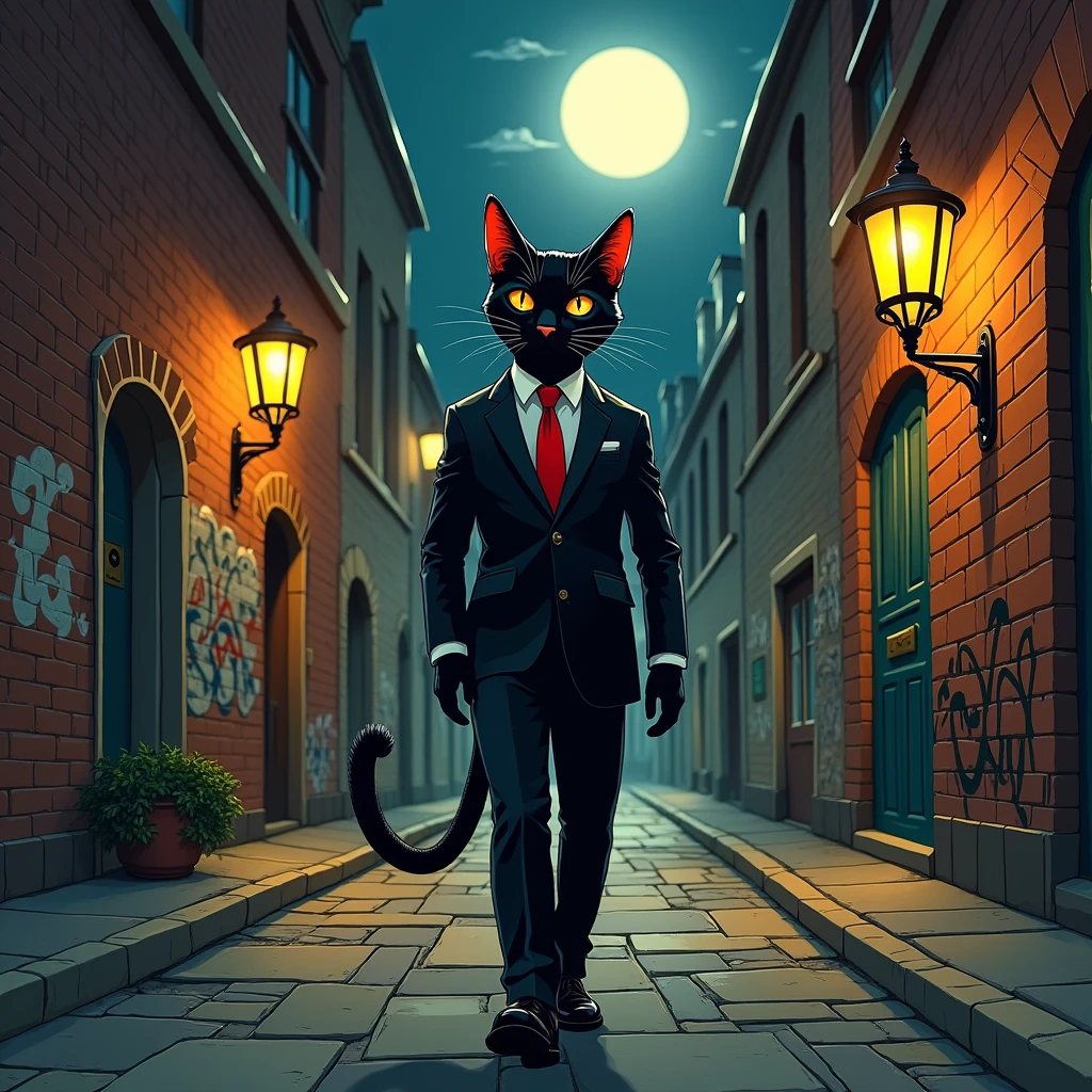 Black cat with body in black suit with red tie, drawing style