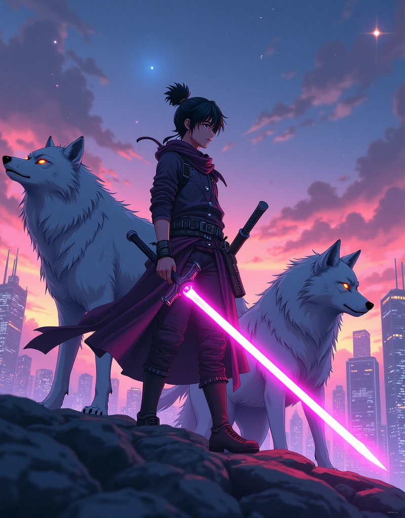 Anime, lazer katana, 2 wolf stand near 
