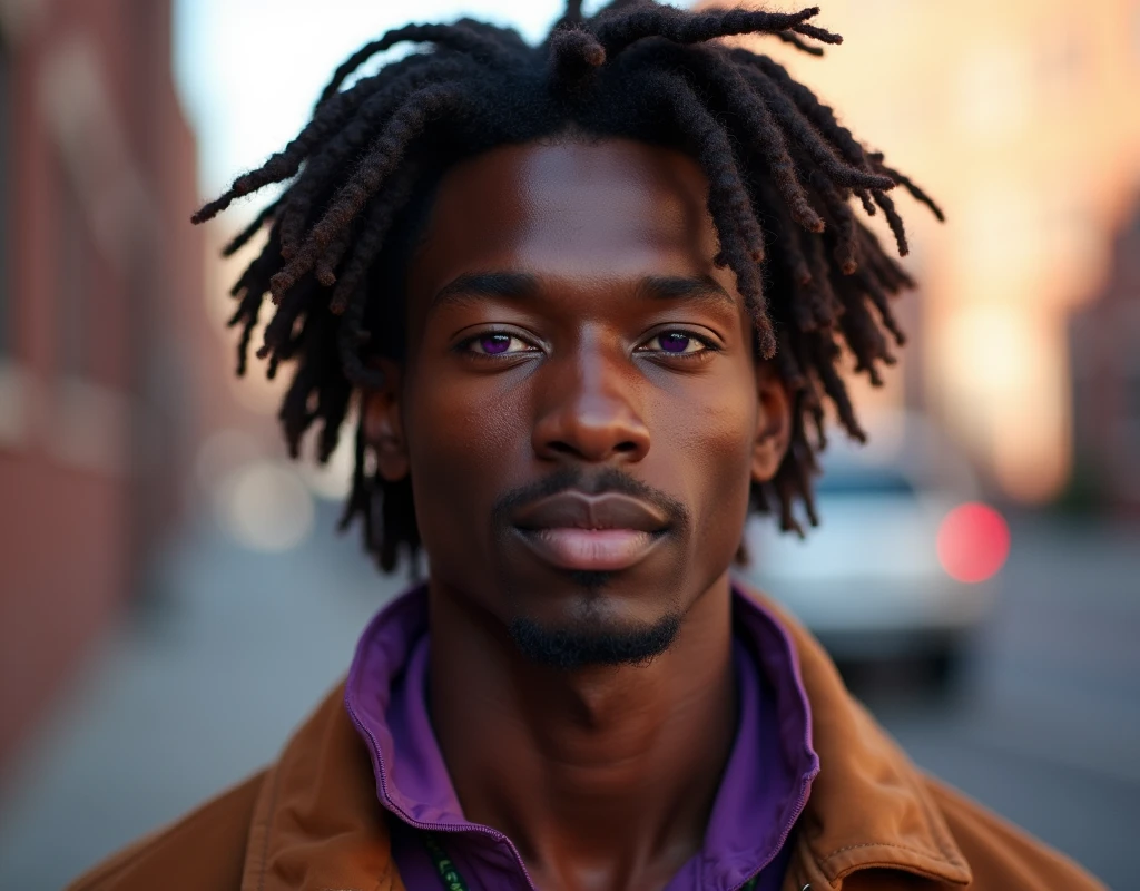 headshot of a very tall French-Nubian featured male model, wavy hair parted to the side hair, toned body, ebony skin, vibrant purple eyes, tall thin toned body. Kind expression. Wearing brown and purple clothes.