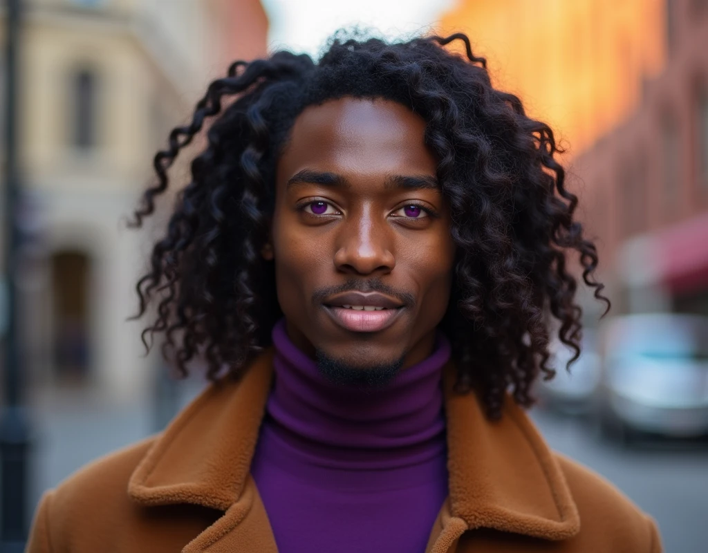 headshot of a very tall French-Nubian featured male model, wavy hair parted to the side hair, toned body, ebony skin, vibrant purple eyes, tall thin toned body. Kind expression. Wearing brown and purple clothes.