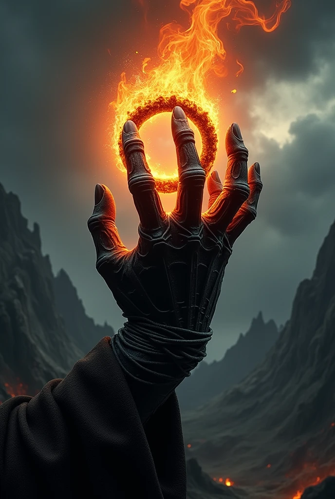 Create a Lord of the Rings poster with the ring on fire and the hand of Sauro