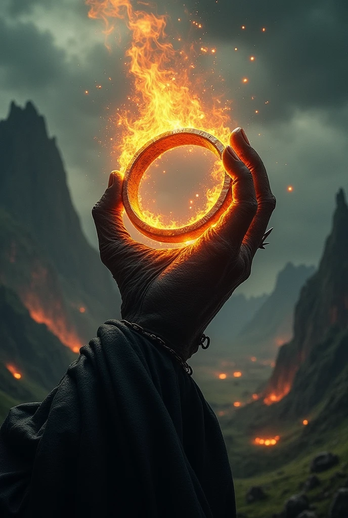 Create a Lord of the Rings poster with the ring on fire and the hand of Sauro