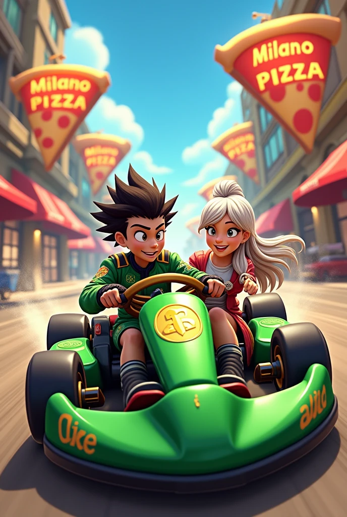Personnages genre animé pour une publicité pizzeria au nom de "Milano Pizza", qui font du kart puissant vert et noir