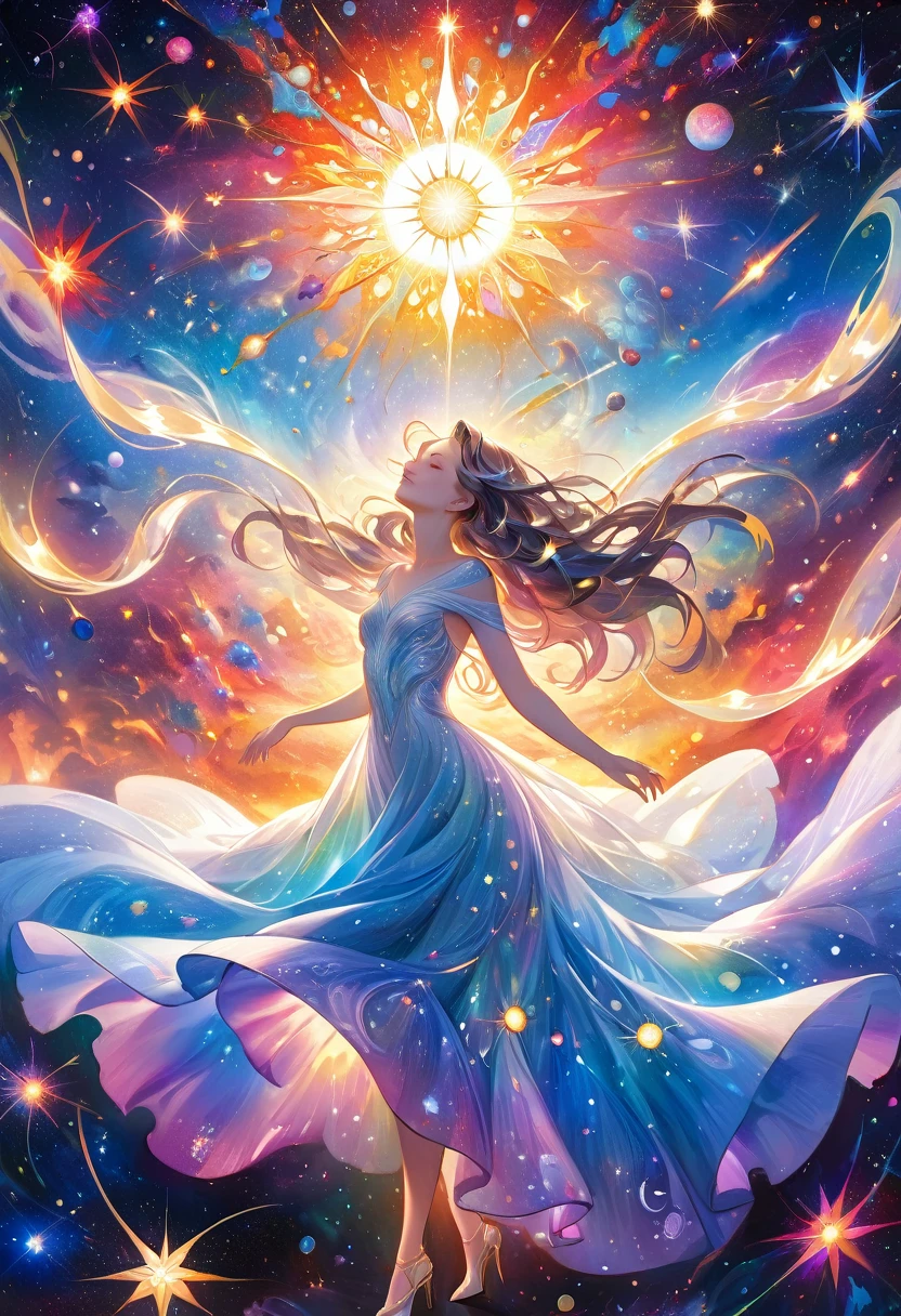 In the cosmic expanse of a galactic festival, celestial beings of all shapes and sizes come together to celebrate the eternal dance of the suns. The main subject of this acrylic painting is a colossal, shimmering star at the center of the gathering, radiating warmth and light to all attendees. This stunning artwork, a painting on a large canvas, captures the intricate details of the ethereal revelry: swirling galaxies reflected in iridescent hues, intricate patterns of constellations dancing across the sky, and a sense of limitless wonder that transcends time and space. The image is a masterful blend of vivid colors, intricate textures, and profound symbolism, inviting viewers to immerse themselves in the timeless beauty of the cosmic celebration.