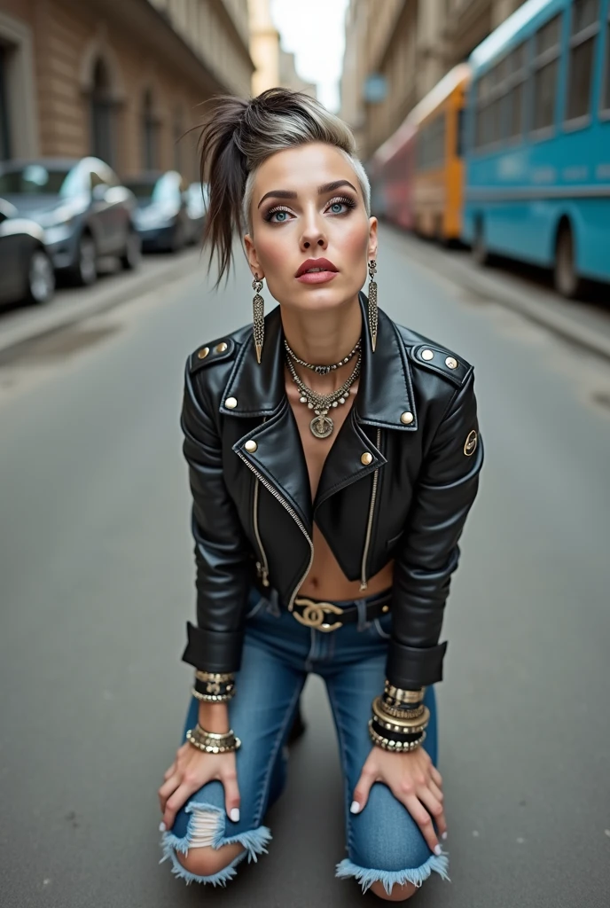 russian old milf woman, grey hair (pompadour, ponytail, shaved sides), wearing oversized square sunglasses hanging from the neckline of her t-shirt,, with very light blue eyes, extremely pale. Wearing cropped black moto jacket (padded shoulders) with lots of zippers and badges on jacket flaps, cropped t-shirt with big motorcycle club logo, dark blue jeans with holes and pointy Chelsea boots with cuban heels . Silicone breasts. Lots of metallic bracelets, long pendants and lots of collars. Tacky leather belt with oversized chanel buckle. Long earrings. Kneeling, like in prayer, humbly looking at the camera, legs spread, tilted head, eyes and mouth wide open in amazement. Hands fixing her hair, toned abdominals, thin legs and thin arms. Tattoed chest, hands, belly and arms. Realistic