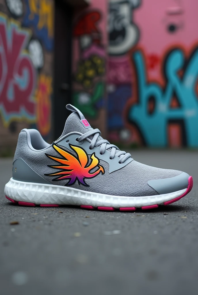Make a gray sneaker with a phoenix logo