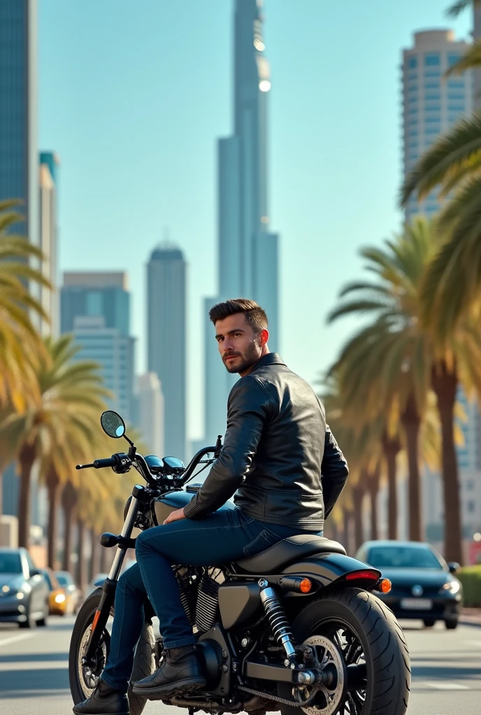 A man setting outside road in city of dubai ,with his motocycle