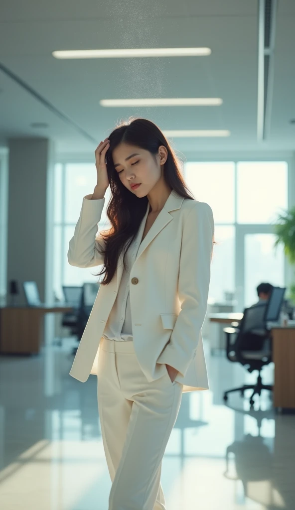 Create an Asian long-haired beauty,Standing on the ground,Wearing white business attire,Scratching the scalp with both hands,There is a lot of dandruff on the top of the head,White fine dandruff on the top of the head,The expression is unhappy,The characters are realistic and realistic,Office Background,9:16 frames,Ultra-high-definition picture quality