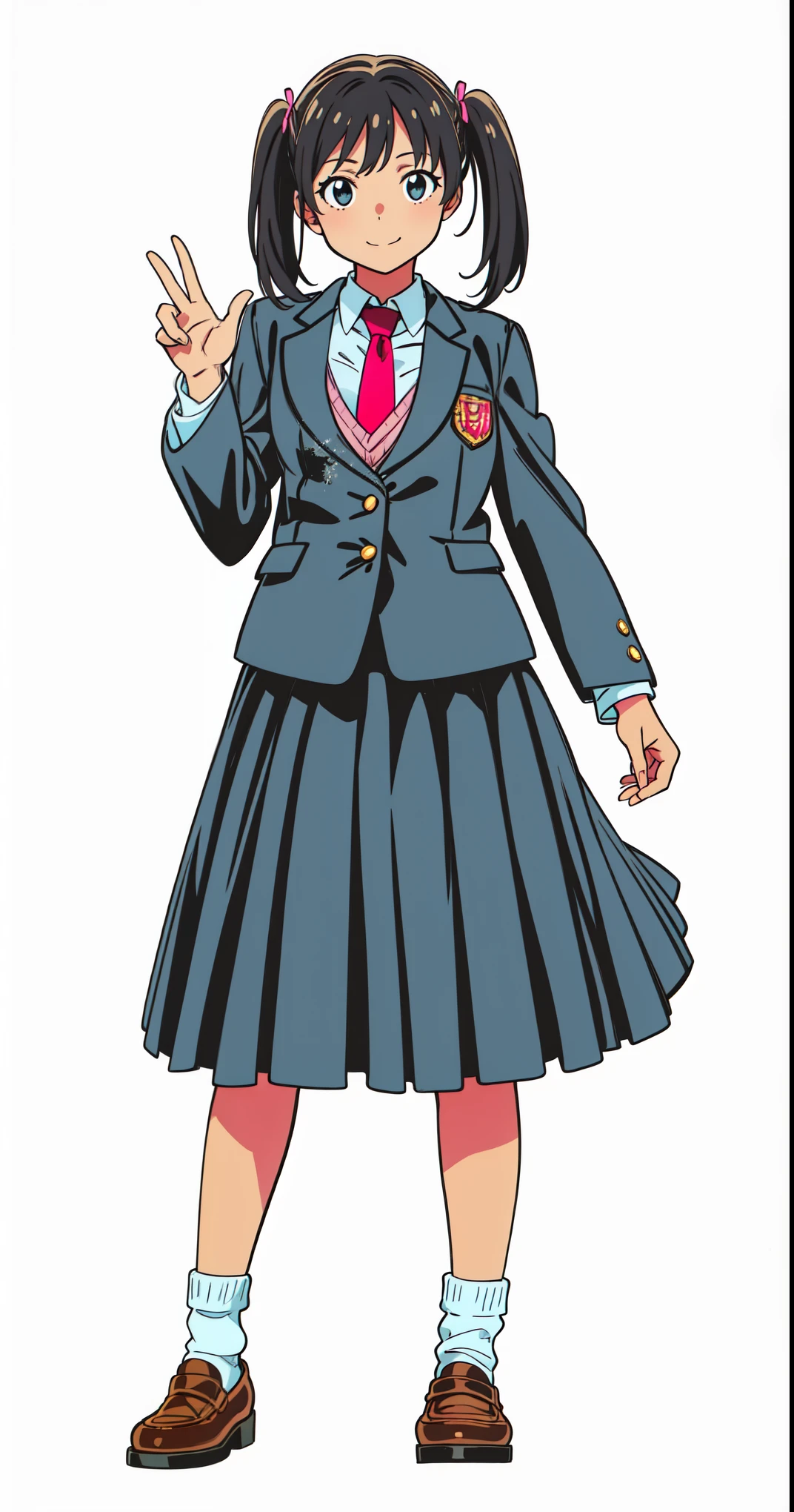 (wind:1.0), (skirt swinging:1.0), (white background:1.0), (best quality:1.0), (masterpiece:1.0), (super fine illustration:1.0), (beautiful artwork:1.0), (anime screencap:1.0), (official art:1.0), (full body:1.0), (solo:1.0), (a 17yo cute girl:1.0), (long skirt:1.0), (dark blue skirt:1.0), (pleated skirt:1.0), (school uniform dark blue blazer:1.0), (red necktie:1.0), (pink knit vest:1.0), (black loafers:1.0), (white socks:1.0), (ideal ratio body proportions:1.0), (lanky:1.0), (tall:1.0), (slender:1.0), (small breasts:1.0), (smaller face:1.0), (smile:1.0), (cheerful:1.0), (detailed beautiful eyes:1.0), (detailed beautiful face:1.0), (glowing black eyes:1.0), (short hair:1.0), (twin tails:1.0), (swept bangs:1.0), (black hair:1.0), (standing:1.0), (looking at viewer:1.25)