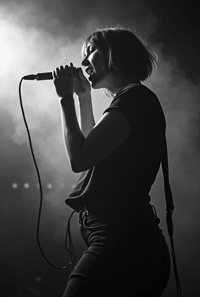 Short Bob、Japan Female Vocals、Japanese、8k、live house、Dark lighting、A stage filled with smoke、punk、Black and white photography、Woman shouting into a microphone、Face down、