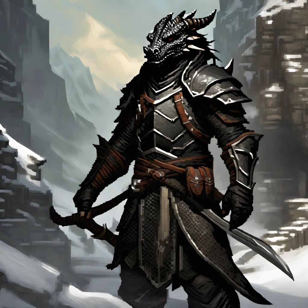 black dragonborn, black skin, wearing long assassin&#39;s clothes with a long cape, 1 tail, walking in a city at night.