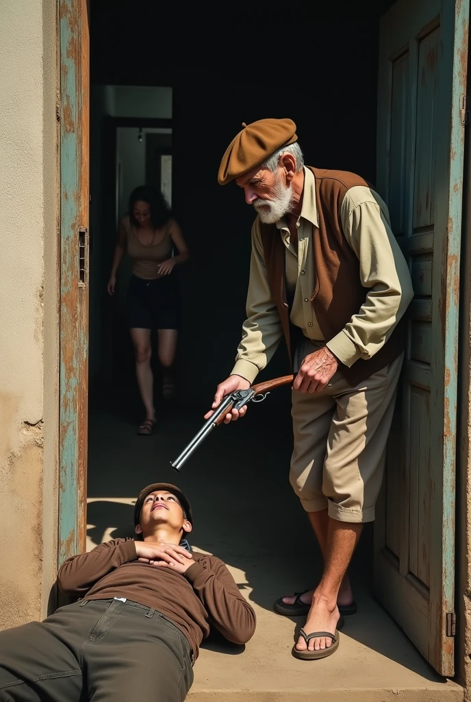 The image shows the facade of a modest house, with a partially open door. In front of the door, a man over 79 years old, with an expression of despair and pain, He holds a fire revolver in his hand. the man, with a brown beret on his aged and life-marked looking head, wear simple clothes. A 29-year-old man lies on the ground, near the entrance, in a state of decline, with an expression of surprise and suffering.
In the background, You can see the blurred figure of a woman, possibly the young man's girlfriend, who tries to run towards him. The scene is captured in a dramatic style, with an intense use of light and shadows that accentuate the moment of tension. Lighting comes from midday sunlight
