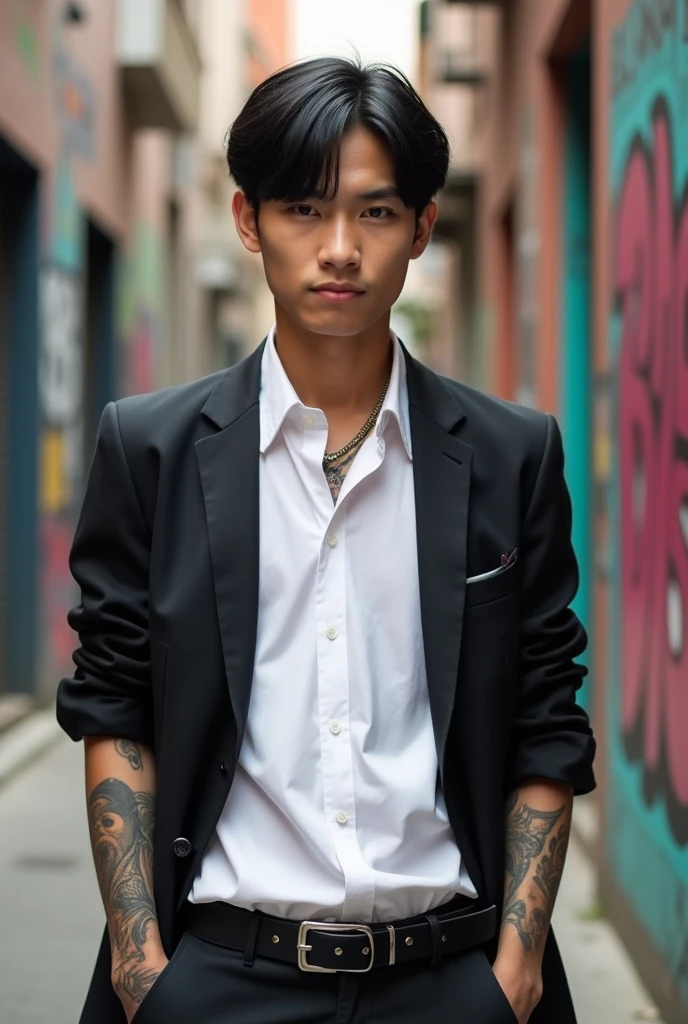18 year old American boy with straight black hair in a medium cut, Western facial features, wears a white dress shirt, jaket, use gray glasses, He has a strong body and tattoos on his arms