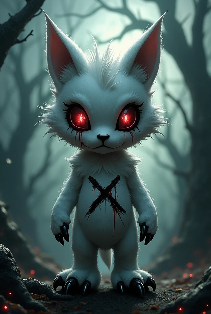 Generates an image of Sonik with pale fur and messy spikes, completely black eyes with 2 bright white and red lights a black X as pupils, a pair of whiskers on the cheeks, crying a red liquid, yellow teeth showing their gums, black shoes shaped like raisins with a white line and an X carved into the stomach