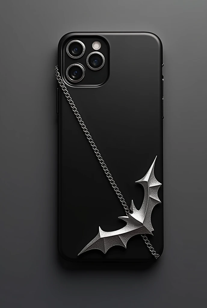 Black cell phone case with a 3D silver bat at the bottom next to the camera, a silver half-moon made of steel in the bottom right corner and a silver chain passing through the middle, going from the top right corner of the case to the bottom left corner of the case