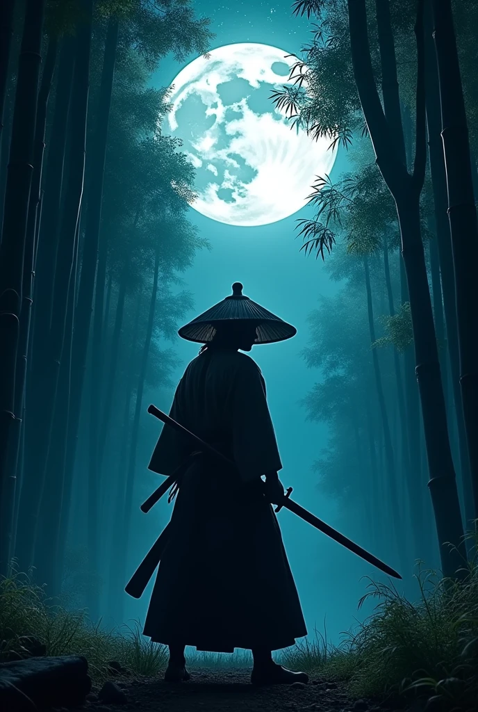 samurai, hold a Katana, Japanese conical hat, hakama, aesthetic, wide shot, cinematic lighting, ultra wide angle, moonlight, starry sky, bamboo forest, animation style, battle scene,