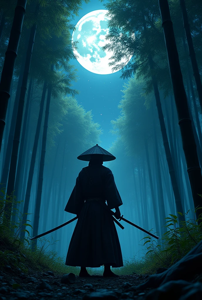 samurai, hold a Katana, Japanese conical hat, hakama, aesthetic, wide shot, cinematic lighting, ultra wide angle, moonlight, starry sky, bamboo forest, animation style, battle scene,