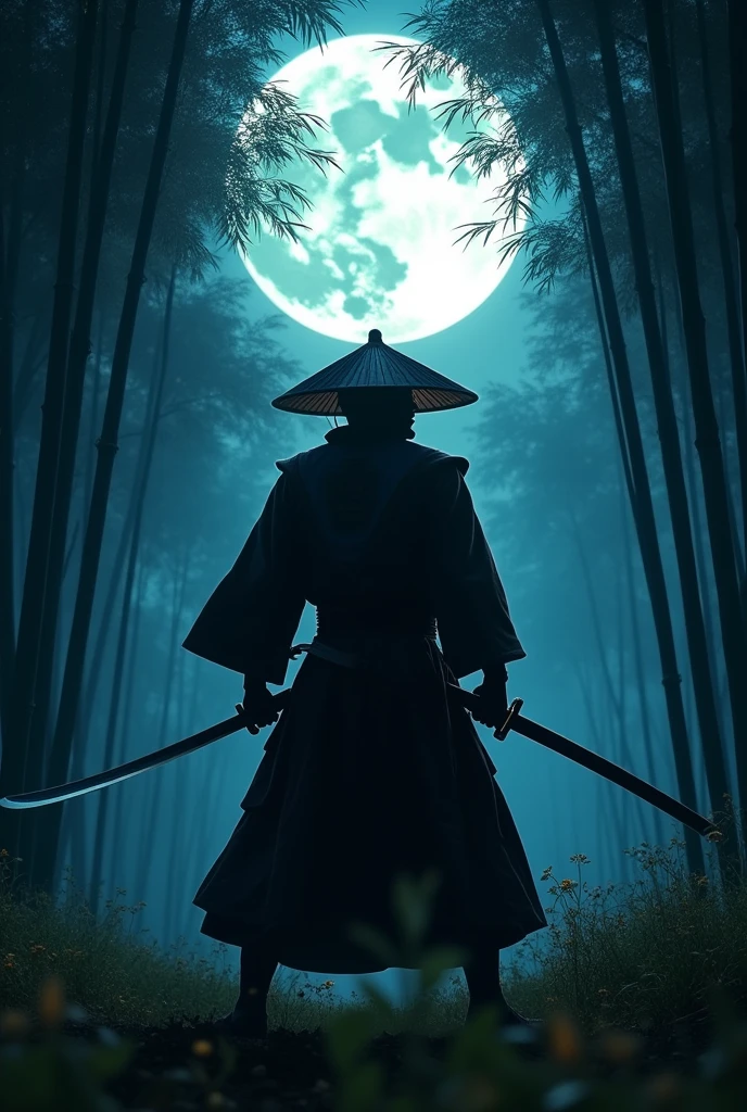 samurai, hold a Katana, Japanese conical hat, hakama, aesthetic, wide shot, cinematic lighting, ultra wide angle, moonlight, starry sky, bamboo forest, animation style, battle scene,