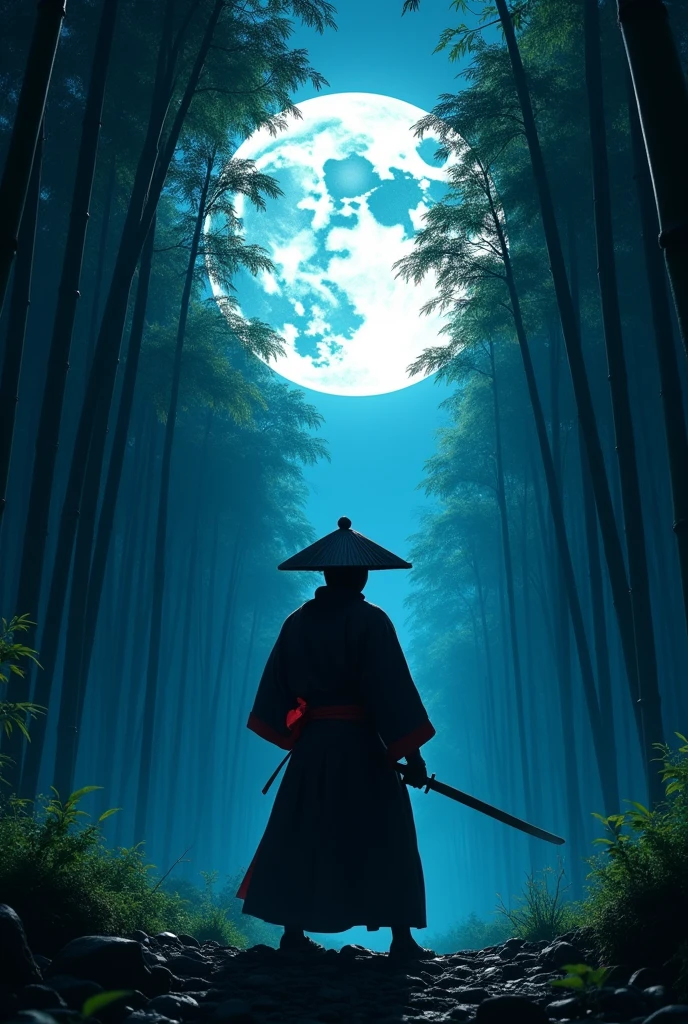 samurai, hold a Katana, Japanese conical hat, hakama, aesthetic, wide shot, cinematic lighting, ultra wide angle, moonlight, starry sky, bamboo forest, animation style, battle scene,