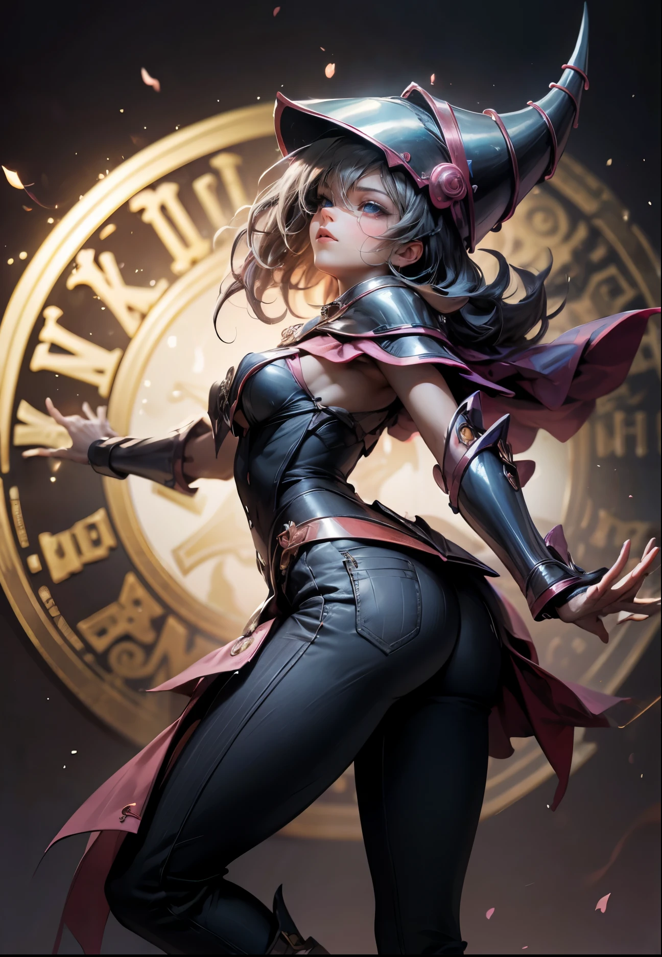 dark magician gils, with high-heels. Pants, Stupid. sexy, Subjective and sensual pose, standing showing her butt. Se le salen la Stupid roja. magic background. Magical heart in the air. magic circle