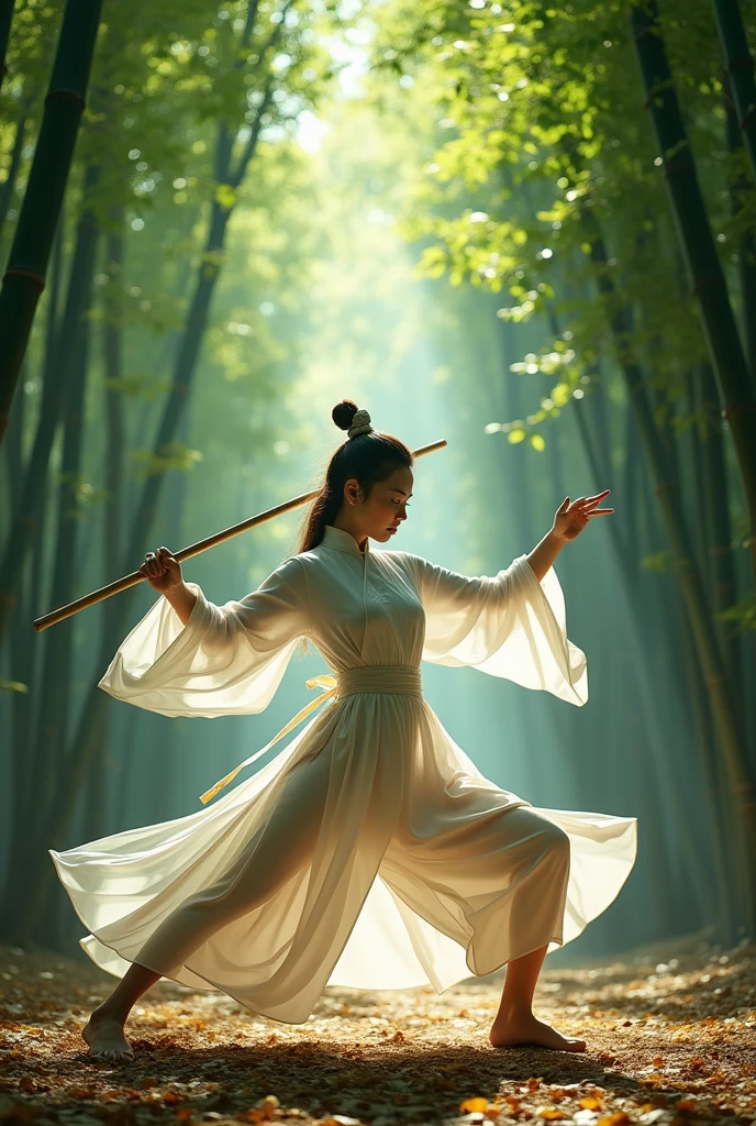 Ultra HD,1 Full body shot of a female in white short Cheongsam Dress holding a bamboo staff, bamboo leaves fly around me, dynamic pose, in bamboo forest, martial art pose