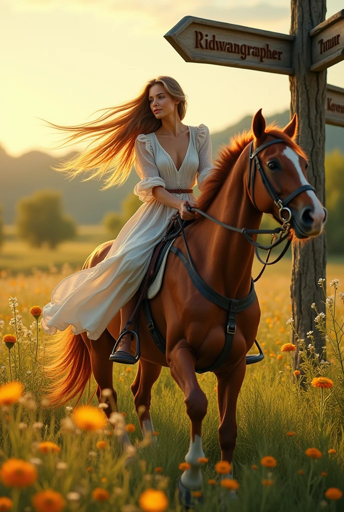 A beautiful woman is riding a horse in a green and beautiful meadow. Dan ada papan nama ridwangrapher