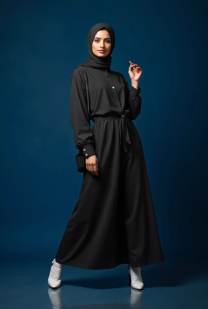 PHOTOGRAPHIC MODEL IN STUDIO WITH BLUE BACKGROUND WEARING MODEST FASHION