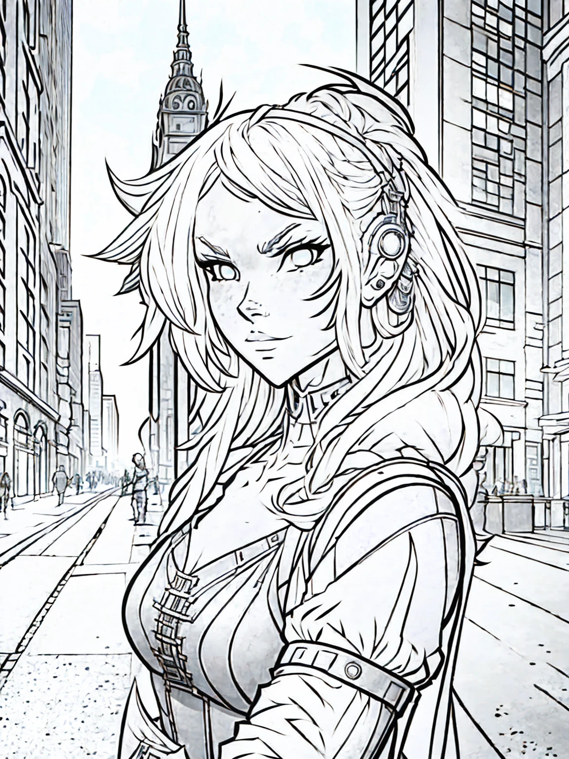 gril in the city, cartoon style, no color, white background, only strokes, No shadows, only strokes