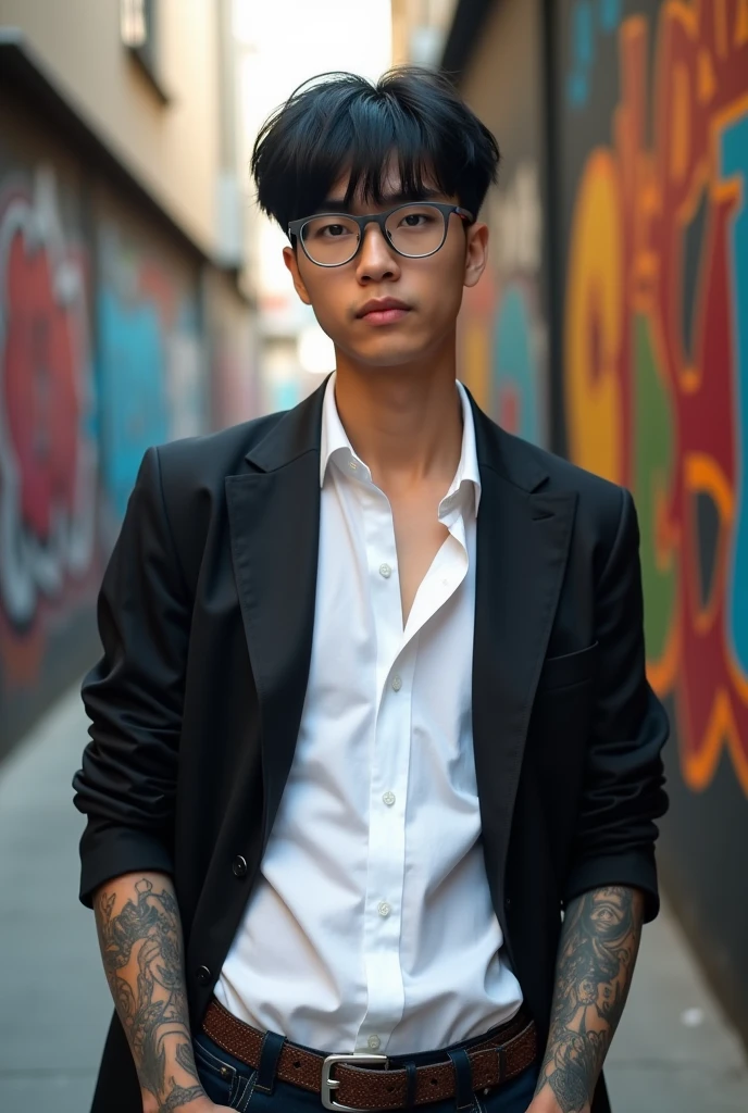 18 year old American boy, has straight black hair in a medium cut, Western facial features, wears a white dress shirt, jaket, use gray glasses, He has a strong body and tattoos on his arms