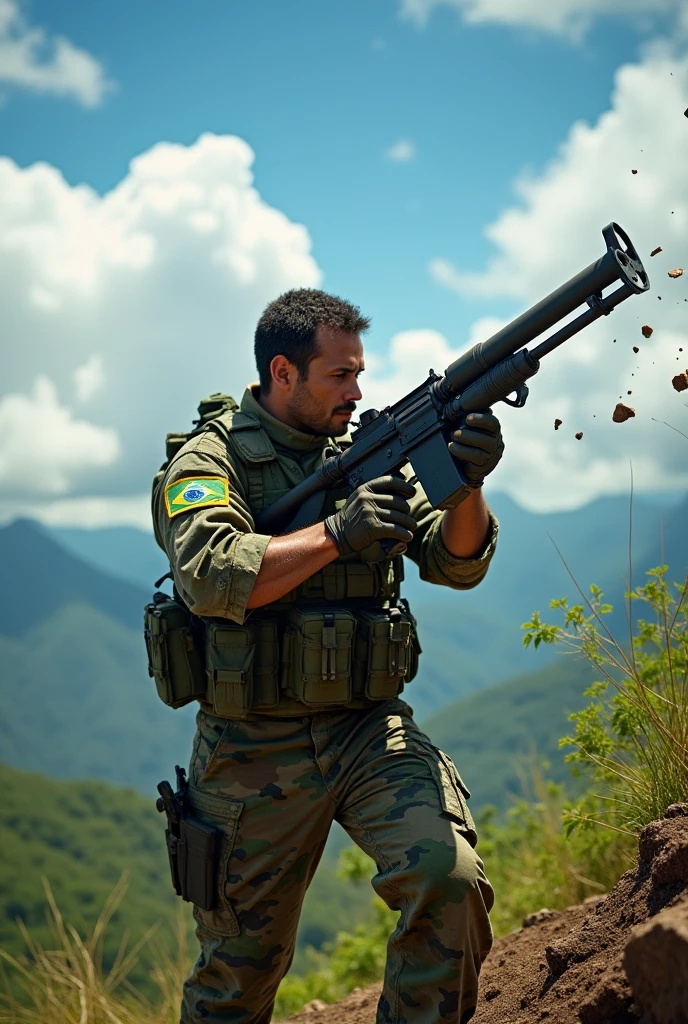 Brazilian soldier shooting with bazouka