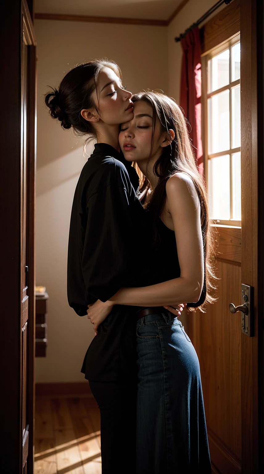 8 foot tall 15 year old girl towering height kissing shorter girlfriend with lifting, taller than her, with her very short and thin girlfriend, lifting and kissing her, girl towering height kissing shorter girlfriend with lifting, taller than her, with her very short and thin girlfriend, lifting and kissing her,ont of her house, significantly taller than the door, with her very short and thin girlfriend, lifting and kissing her, dramatic lighting, photorealistic, highly detailed, cinematic composition, moody atmosphere, warm color palette