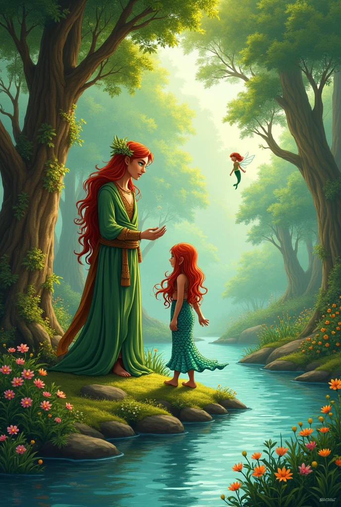 folk story with the characters Gael the spirit of the forest, Curupira the guardian of nature, Iara the beautiful mermaid and Lumina the fairy of the fountain,I want a cartoon pencil sketch drawing