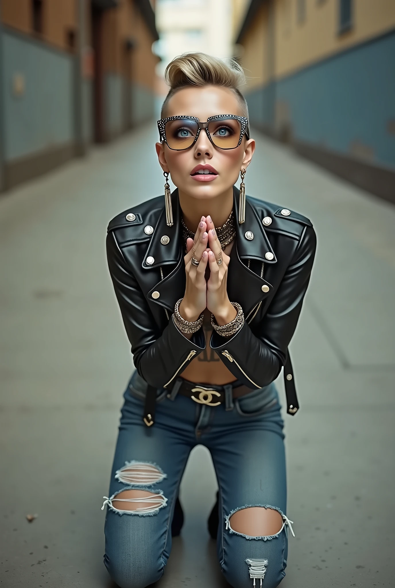 russian old milf woman, grey hair (pompadour, ponytail, shaved sides), wearing oversized square sunglasses hanging from the neckline of her t-shirt,, with very light blue eyes, extremely pale. Wearing cropped black moto jacket (padded shoulders) with lots of zippers and badges on jacket flaps, cropped t-shirt with big motorcycle club logo, dark blue jeans with holes and pointy Chelsea boots with cuban heels . Silicone breasts. Lots of metallic bracelets, long pendants and lots of collars. Tacky leather belt with oversized chanel buckle. Long earrings. Kneeling, like in prayer, humbly looking at the camera, legs spread, tilted head, eyes and mouth wide open in amazement. Hands fixing her hair, toned abdominals, thin legs and thin arms. Tattoed chest, hands, belly and arms. Realistic