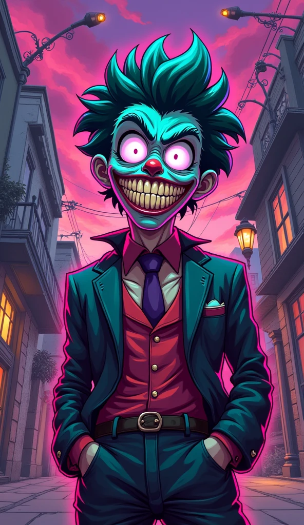 A psycho man, happy look, full body, 2D anime style, detailed face, detailed, focus on face, HD, 8k quality, glowing character