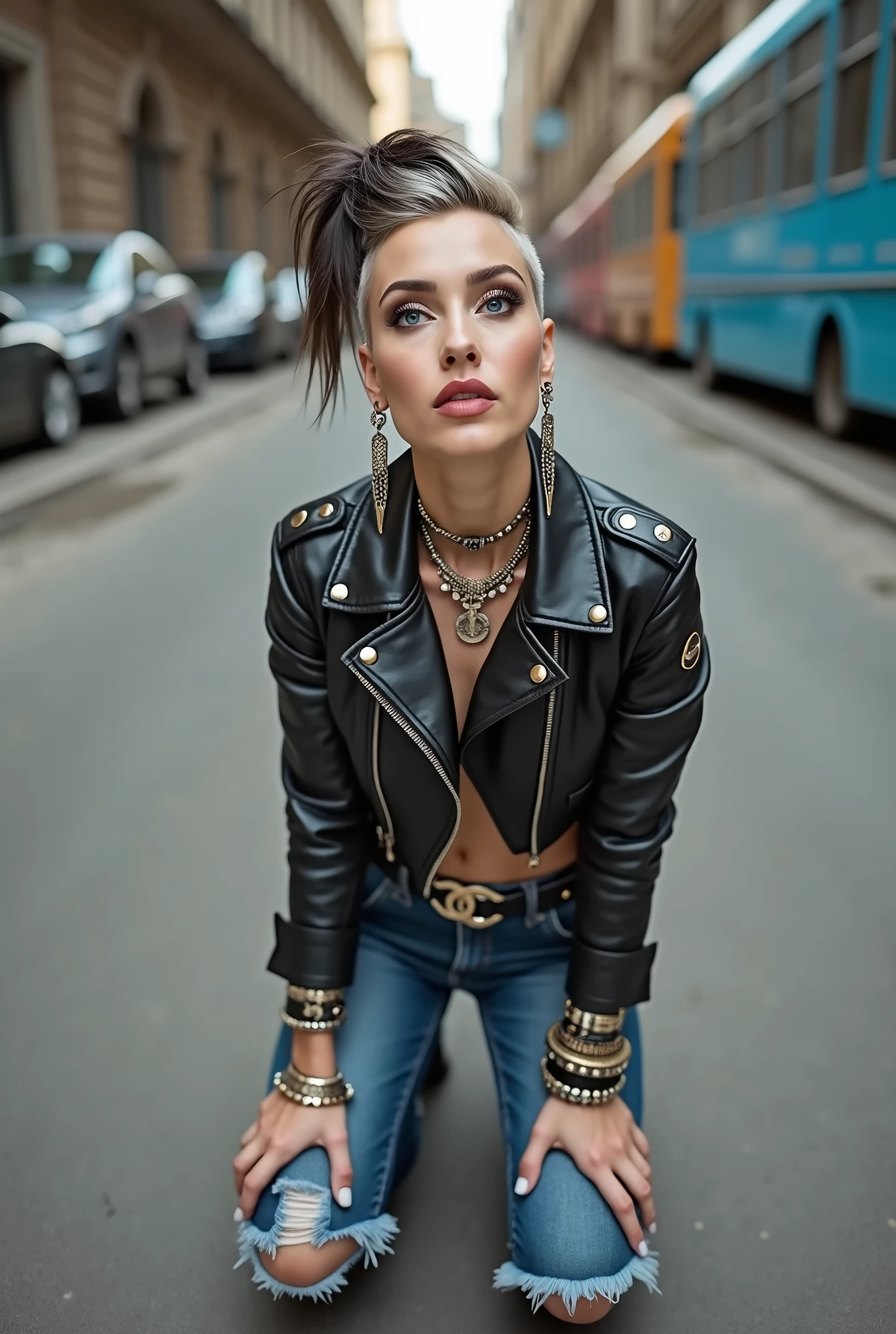 russian old milf woman, grey hair (pompadour, ponytail, shaved sides), wearing  oversized square sunglasses hanging from the neckline of her t-shirt,, with very light blue eyes, extremely pale. Wearing cropped black moto jacket (padded shoulders) with lots of zippers and badges on jacket flaps, cropped t-shirt with big motorcycle club logo, dark blue jeans with holes and pointy Chelsea boots with cuban heels . Silicone breasts. Lots of metallic bracelets, long pendants and lots of collars. Tacky leather belt with oversized chanel buckle. Long earrings. Kneeling, like in prayer, humbly looking at the camera, legs spread, tilted head, eyes and mouth wide open in amazement. Hands fixing her hair, toned abdominals, thin legs and thin arms. Tattoed chest, hands, belly and arms. Realistic 