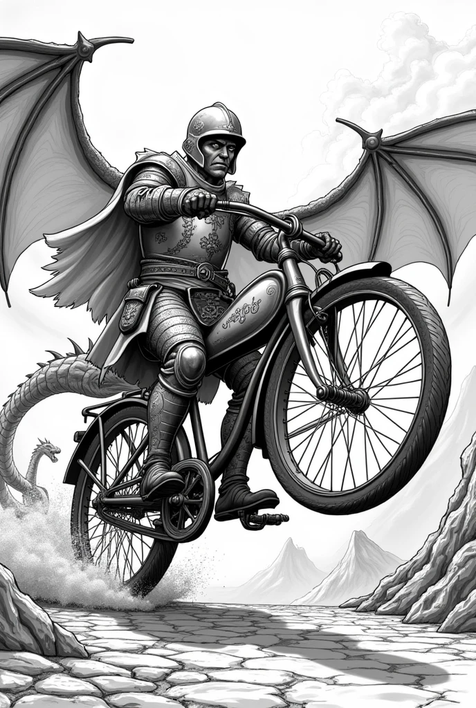 Saint George black and white lines on top of a bicycle, fighting a dragon 
