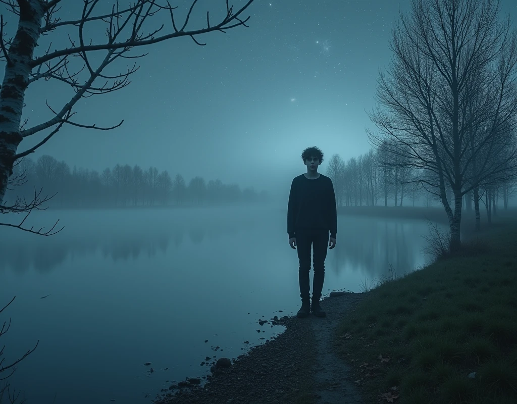 plano general, whole body, (Handsome young attractive teenager emerging from a thick fog:1.3, Strong gothic makeup) a town on the shores of the lake, a white birch forest and an apple orchard, a starry night, ((Matias_adolsson style!)), gloomy and foggy atmosphere, Surrealism, The absurdity of tenderness, Attraction and rejection of extraordinary appearance, naive magic art, primitivism, protogeno, , ((Best Quality, masterpiece)), ((more detail)), impression:1,1, 8k