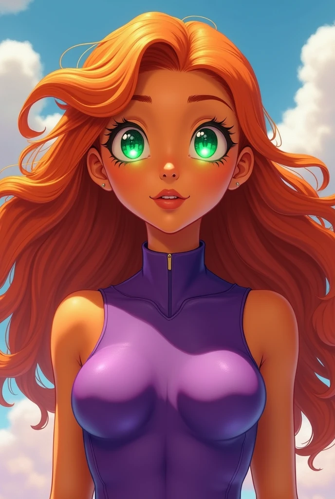 An orange skinned girl, wearing a purple sleeveless power suit. Her eyeballs are bright green, glowing and without pupils inside. She has orange long and wavy hair, an hairbang and she is busty. She flyes in the sky. Beautiful detailed face