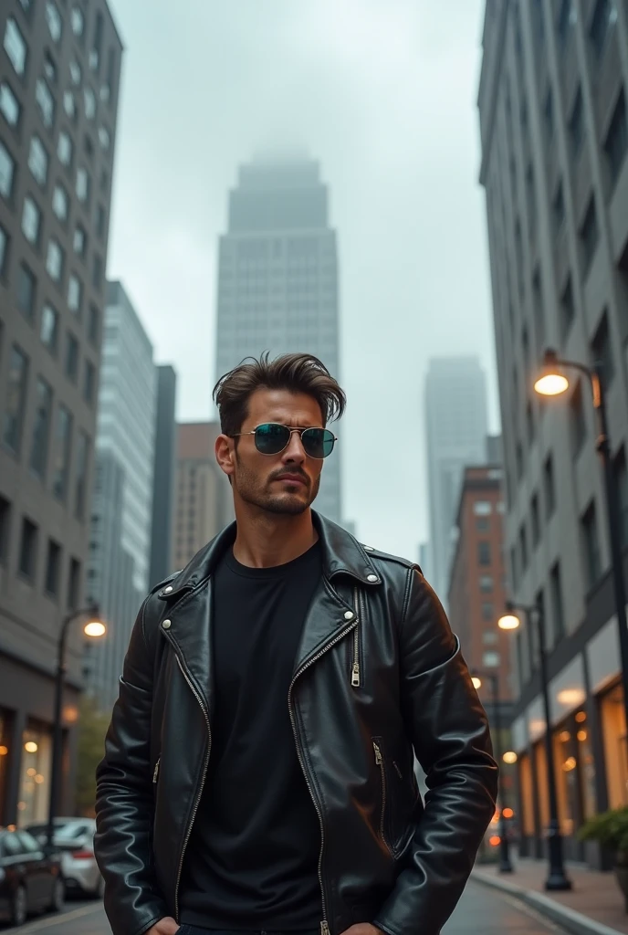 A young man, aviator sunglasses, similar to tom cruze, in a city, Cloudy weather.