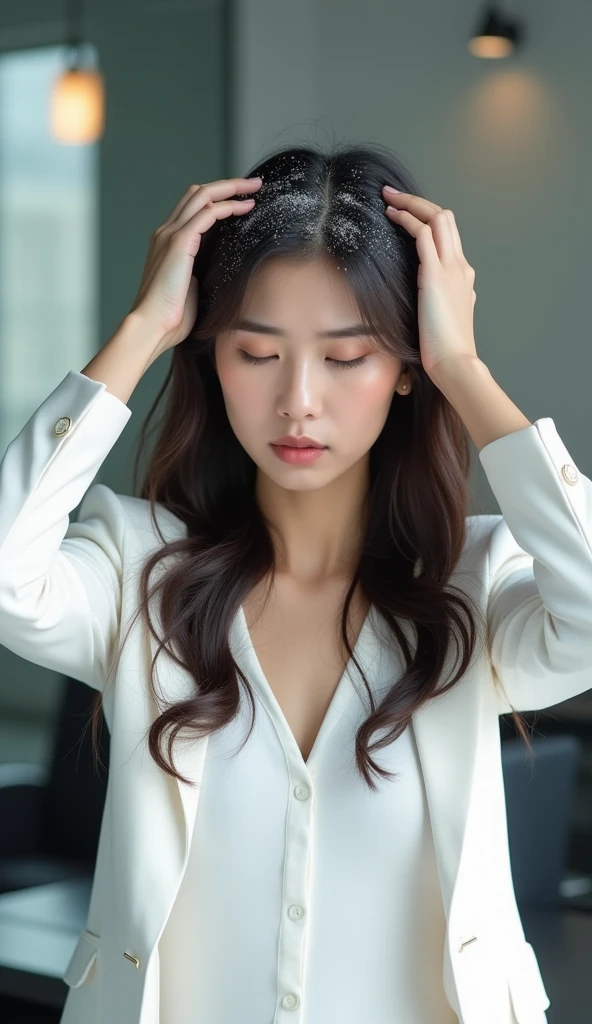 Create an Asian long-haired beauty,Wearing white business attire,Scratching the scalp with both hands,There is a lot of dandruff on the top of the head,White fine dandruff on the top of the head,The expression is unhappy,The characters are realistic and realistic,Office Background,9:16 frames,Ultra-high-definition picture quality