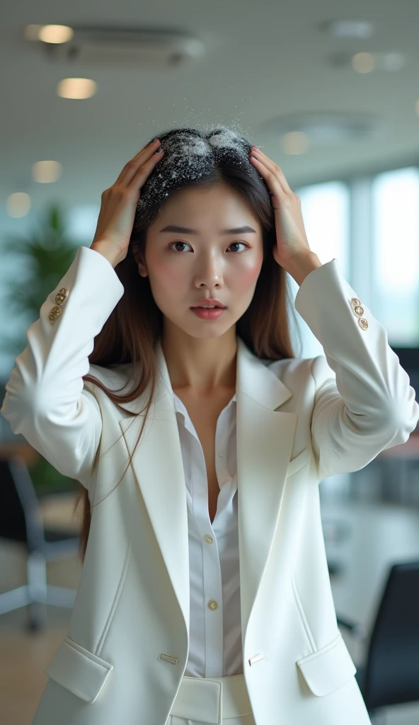 Create an Asian long-haired beauty,Wearing white business attire,Scratching the scalp with both hands,There is a lot of dandruff on the top of the head,White fine dandruff on the top of the head,The expression is unhappy,The characters are realistic and realistic,Office Background,9:16 frames,Ultra-high-definition picture quality