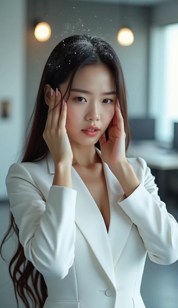 Create an Asian long-haired beauty，Wearing white business attire，Scratching the scalp with both hands，There is a lot of dandruff on the top of the head，White fine dandruff on the top of the head，The expression is unhappy，The characters are realistic and realistic，Office Background，9:16 frames，Ultra-high-definition picture quality