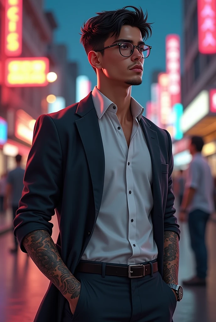 18 year old American boy, has straight black hair in a medium cut, Western facial features, wears a white dress shirt, jaket, use gray glasses, He has a strong body and tattoos on his arms