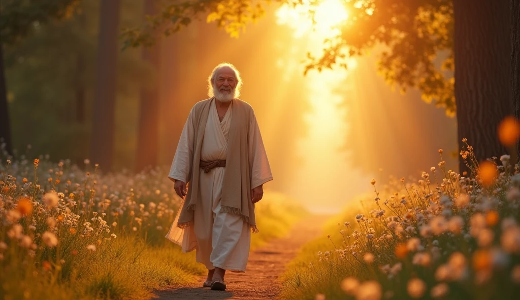 with Enoch, an elderly man with a beard and simple clothes, walking alongside a divine figure that radiates light and love. The soft light of dawn illuminates the way, surrounded by majestic trees and colorful flowers, symbolizing the harmony between the human and the divine. The faces of Enoch and God must express joy and peace, reflecting the deep relationship between them. The image should convey a sense of tranquility and spiritual connection., ideal for an inspirational YouTube video."