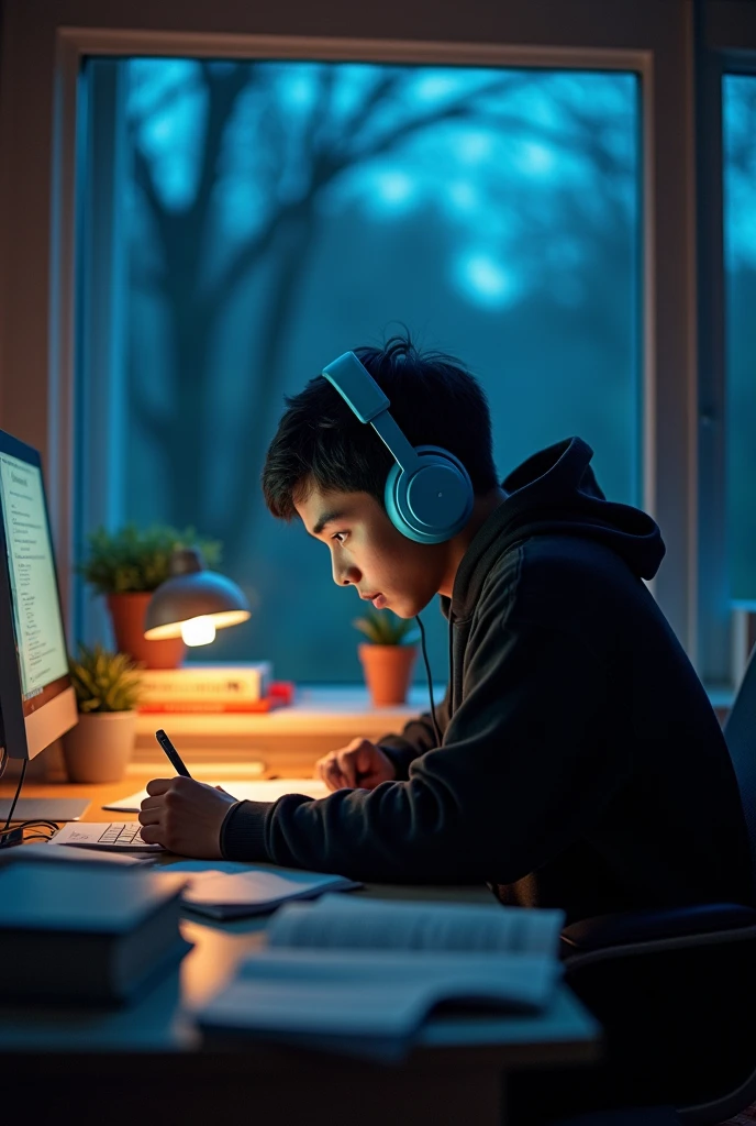 Create an anime-style illustration of a young man studying in a cozy, dimly lit room during the night. The setting should have a warm, ambient glow from a lamp on the desk, contrasting with the cool blue tones of the evening outside a large window. The young man, with short black hair and a relaxed expression, wears a black hoodie and blue headphones. He is seated at a desk cluttered with open books and notes, indicating deep focus. A computer screen emits a soft light beside him, and a small potted plant adds a touch of nature to the scene. The overall mood should be peaceful, introspective, and slightly melancholic, capturing the quiet intensity of late-night study sessions."

This prompt will help recreate the image with all its intricate details and atmosphere.










ChatGPT can make mistakes. Check important