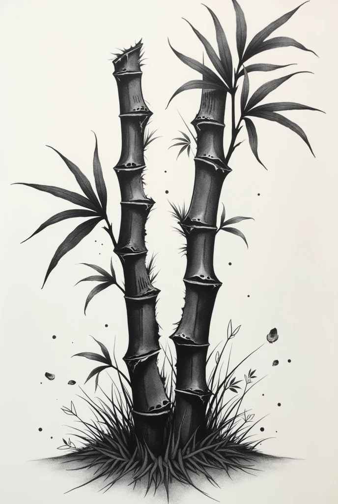 Create a black and white pointillism tattoo of a broken bamboo for your leg