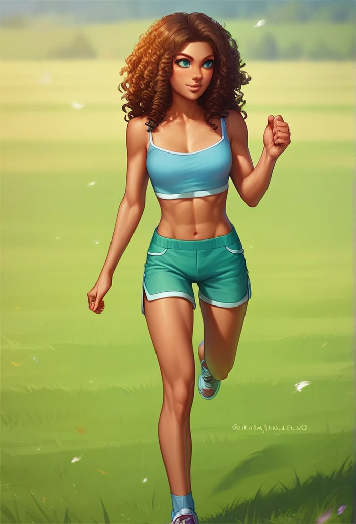 young woman, curly hair. black. defined body. defined abs. Wearing a top and shorts. Is running in a field.  